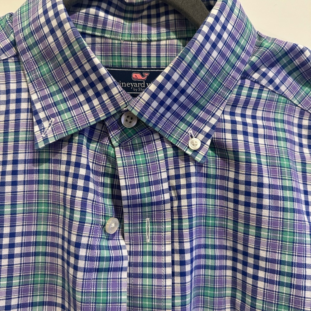 Vineyard Vines Men's Blue and Green Plaid Shirt